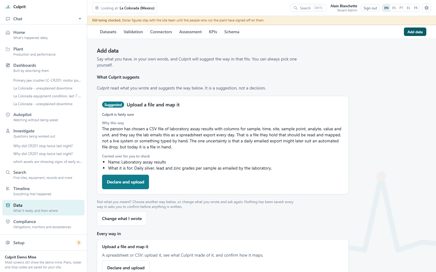 What Winze suggests: upload a file and map it, 'Winze is fairly sure', why this way, what was carried over for you to check, and Declare and upload left unpressed until a person approves