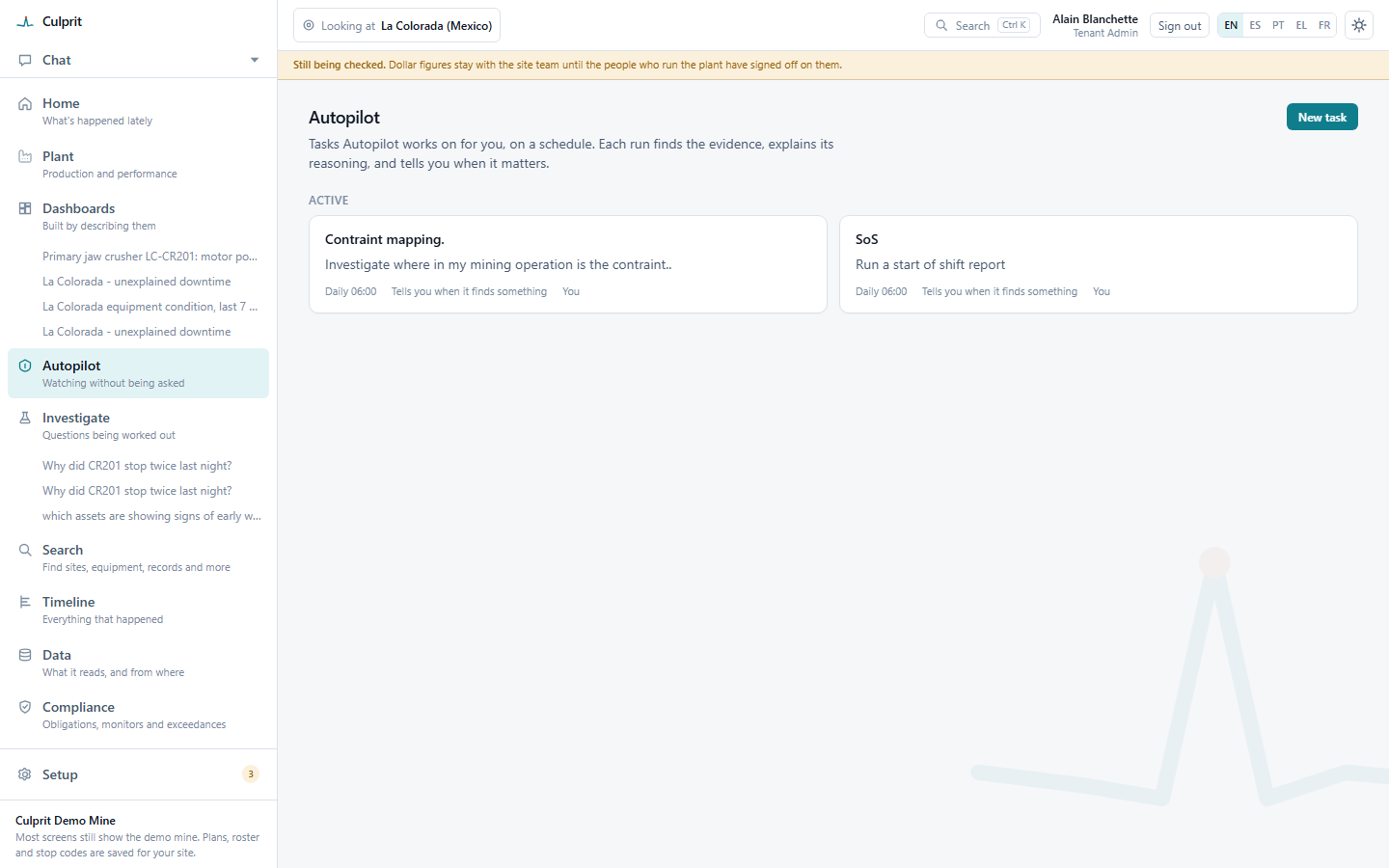 Scheduler: two active tasks, one of them “Run a start of shift report”, each running daily at 06:00 and set to tell its owner when it finds something
