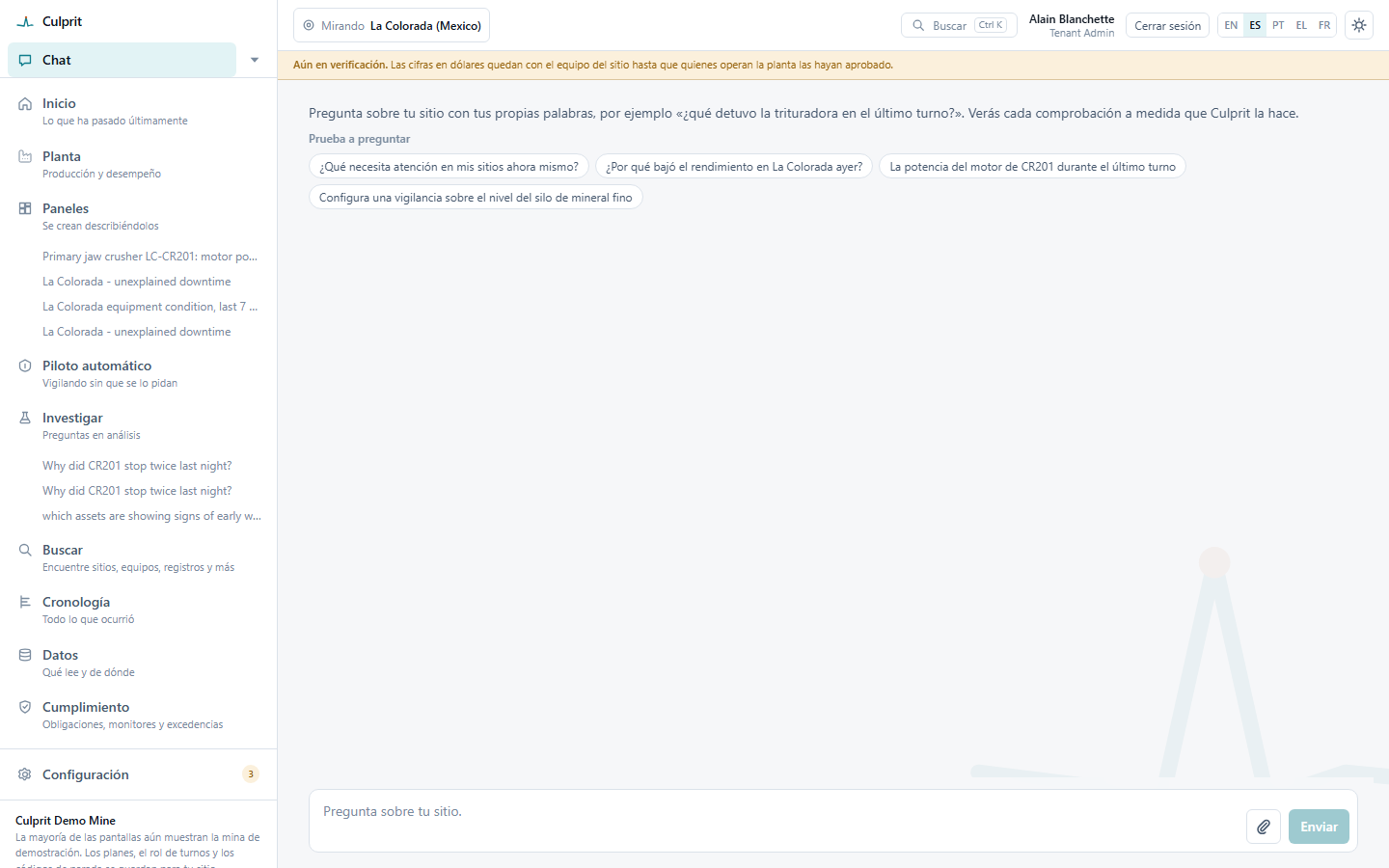 Winze in Spanish: the menu, the status banner, the chat prompt and the suggested questions all in Spanish